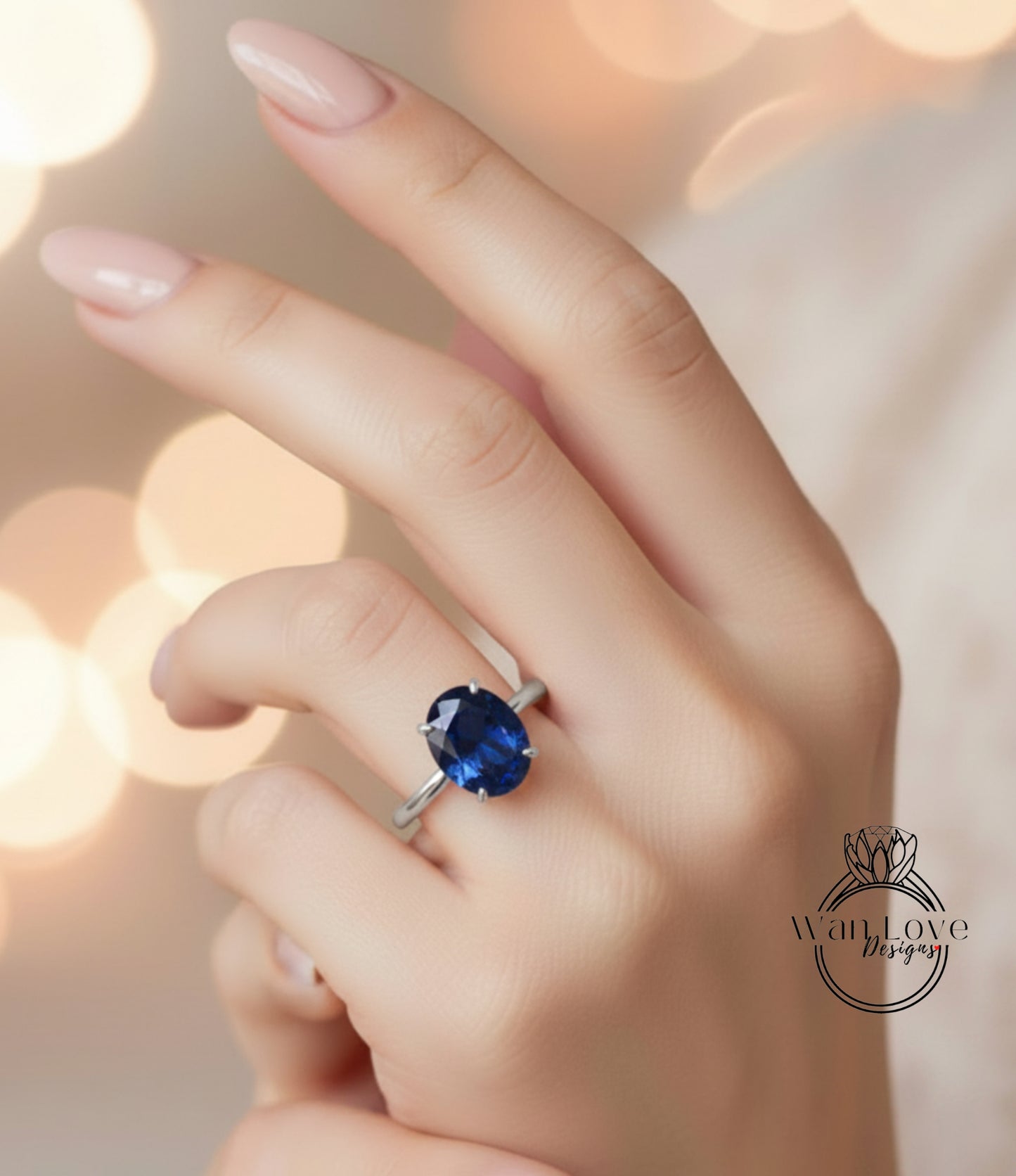 A close-up of a hand wearing a ring with a large blue gemstone, against a blurred background with bokeh lighting.