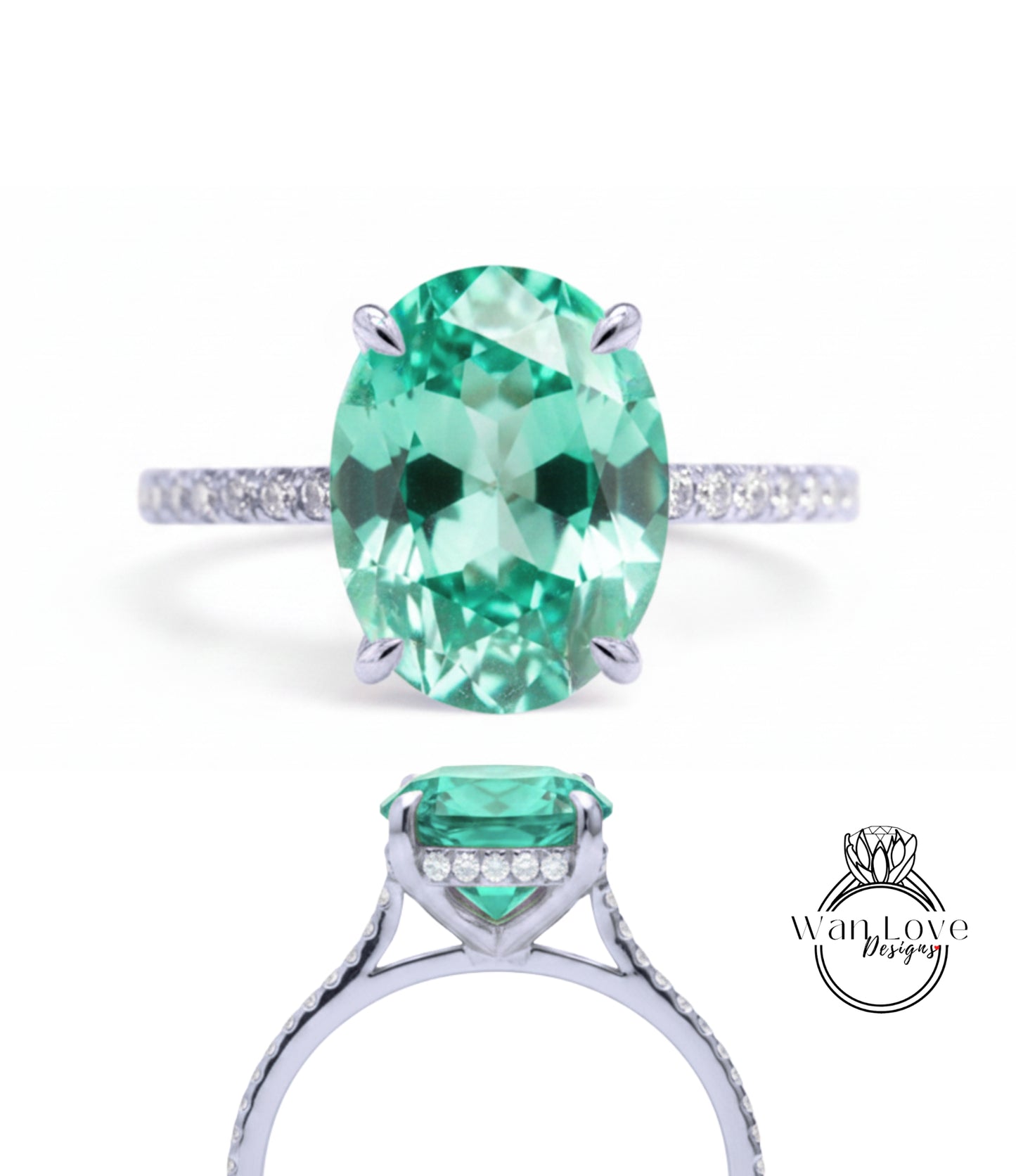 A stunning engagement ring with a large oval-shaped gemstone set in a silver band, surrounded by smaller diamonds.