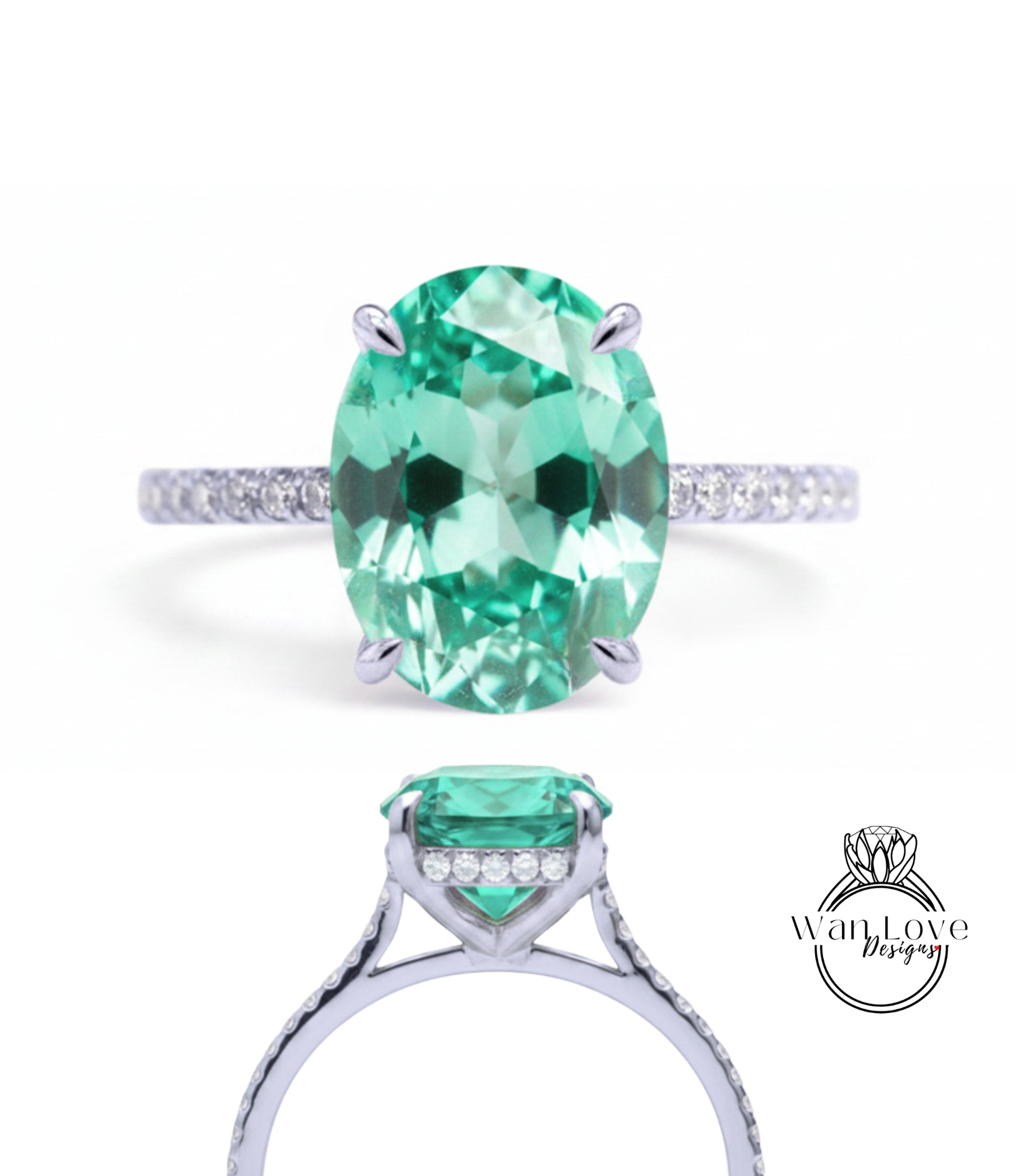 A stunning engagement ring with a large oval-shaped gemstone set in a silver band, surrounded by smaller diamonds.