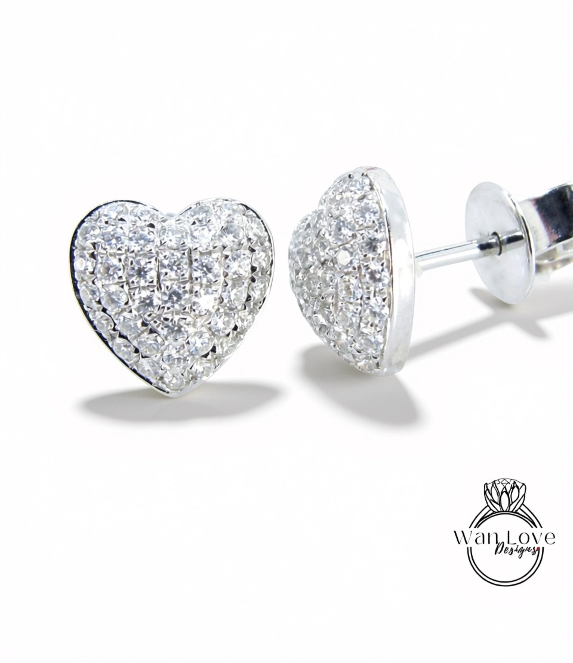 Heart Pave Earrings Moissanite White Gold Pave Pillow Puff Dome, Custom, Wedding, Anniversary Gift, Ready to Ship Wan Love Designs