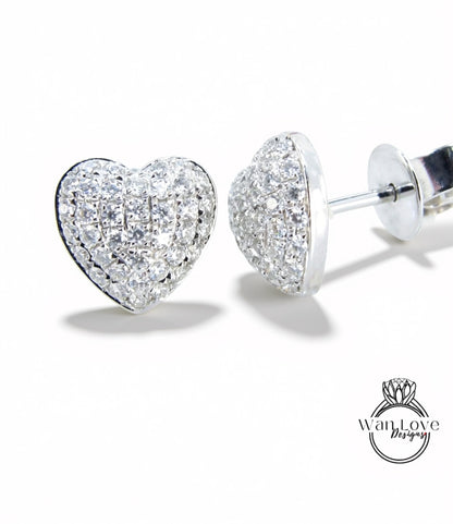 Heart Pave Earrings Moissanite White Gold Pave Pillow Puff Dome, Custom, Wedding, Anniversary Gift, Ready to Ship Wan Love Designs