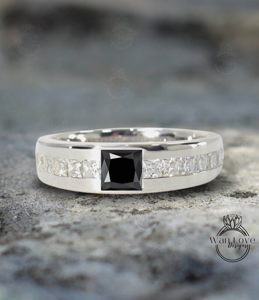 Men's Black Diamond Ring - Black Moissanite Diamond Ring - Mans princess Spinel Wedding Band - Unique Mens Band - 14k Gold Birthstone band
