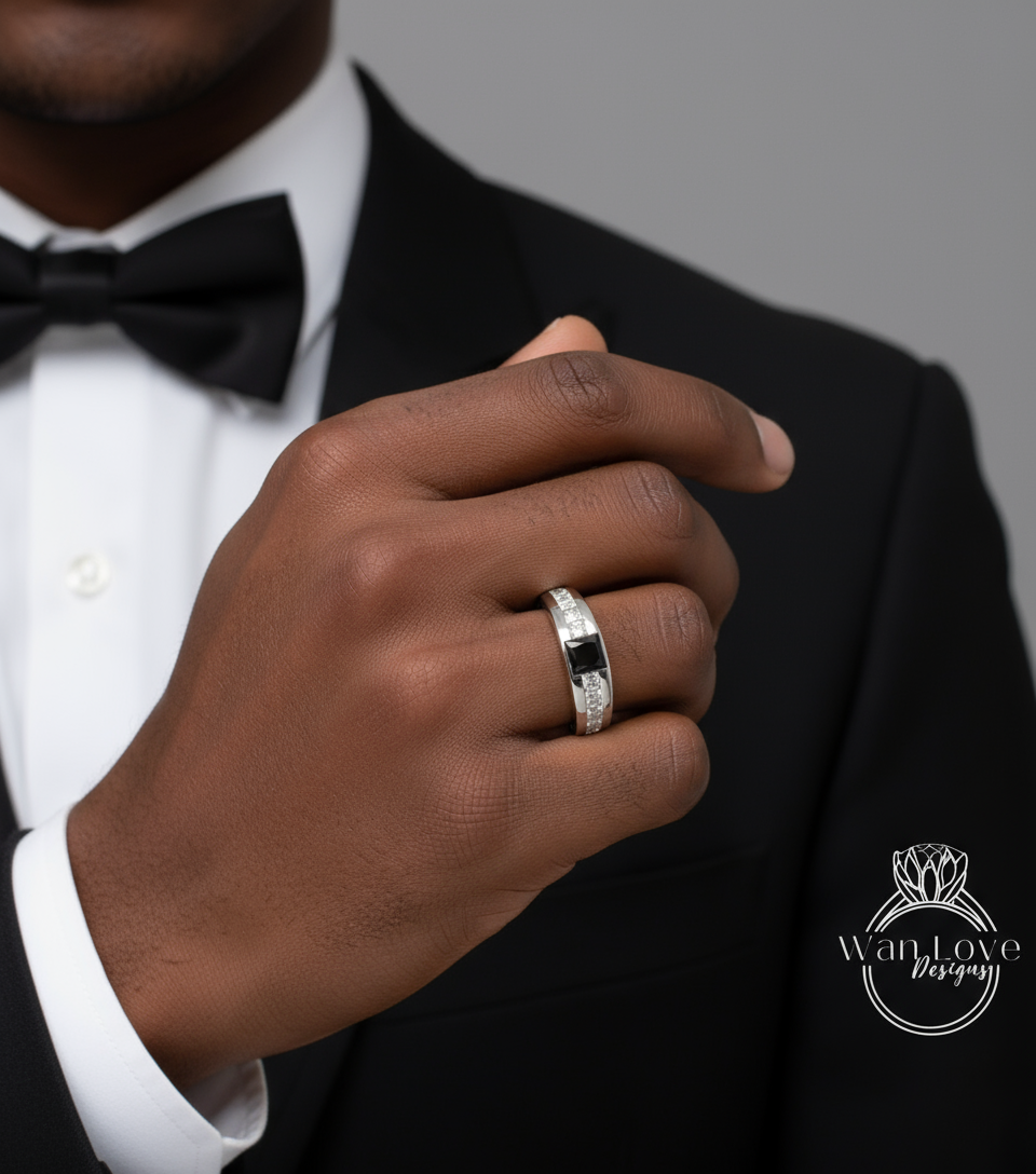 Men's Black Diamond Ring - Black Moissanite Diamond Ring - Mans princess Spinel Wedding Band - Unique Mens Band - 14k Gold Birthstone band