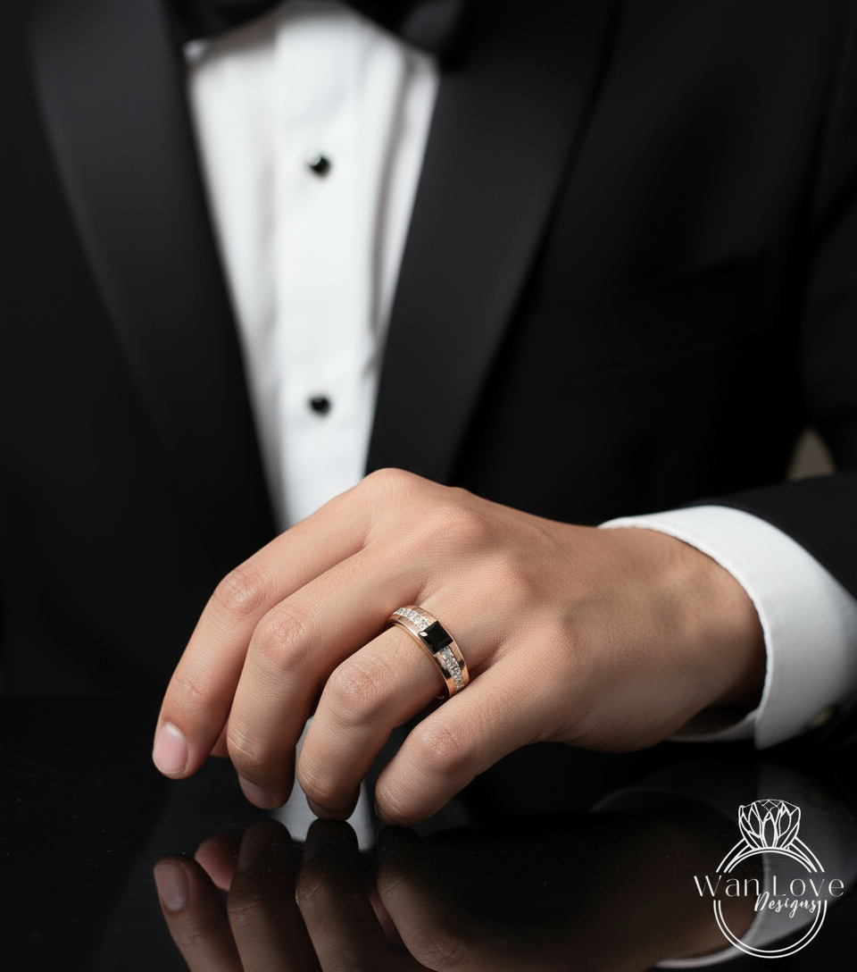 Men's Black Diamond Ring - Black Moissanite Diamond Ring - Mans princess Spinel Wedding Band - Unique Mens Band - 14k Gold Birthstone band