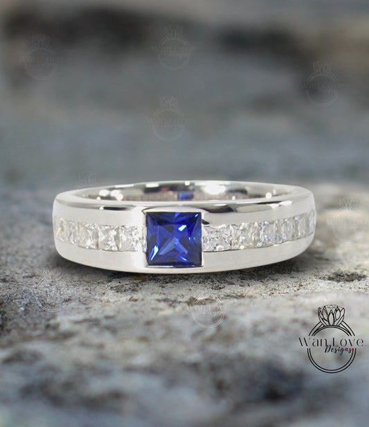 Men's Blue Sapphire Wedding Princess Cut Mens Wedding Band, Solid Gold 10/14k/18k Wedding Ring, Moissanite Wedding Ring, His Wedding Band