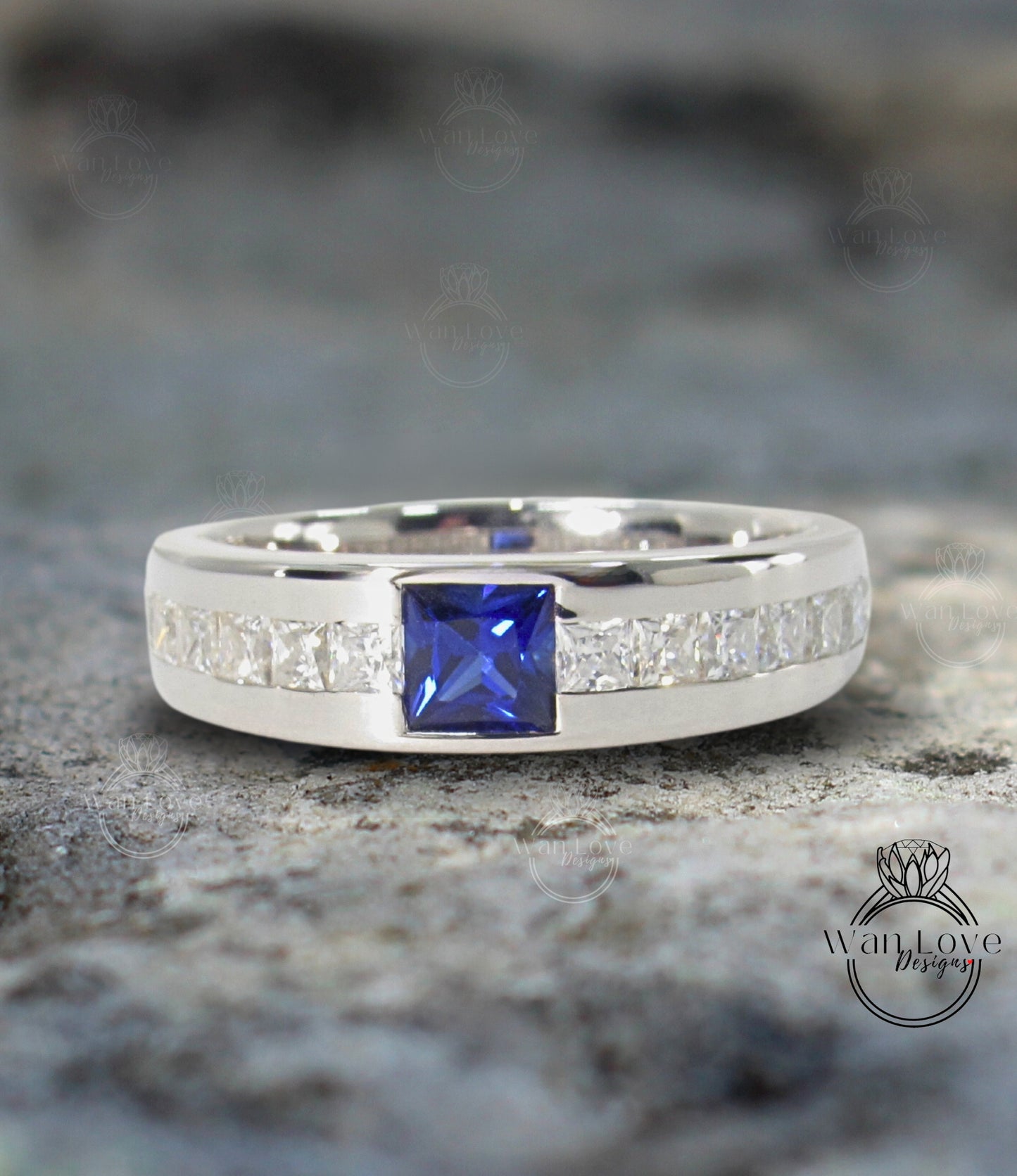 Fede nuziale da uomo con taglio principessa in zaffiro blu da uomo, fede nuziale in oro massiccio 10/14k/18k, fede nuziale Moissanite, fede nuziale