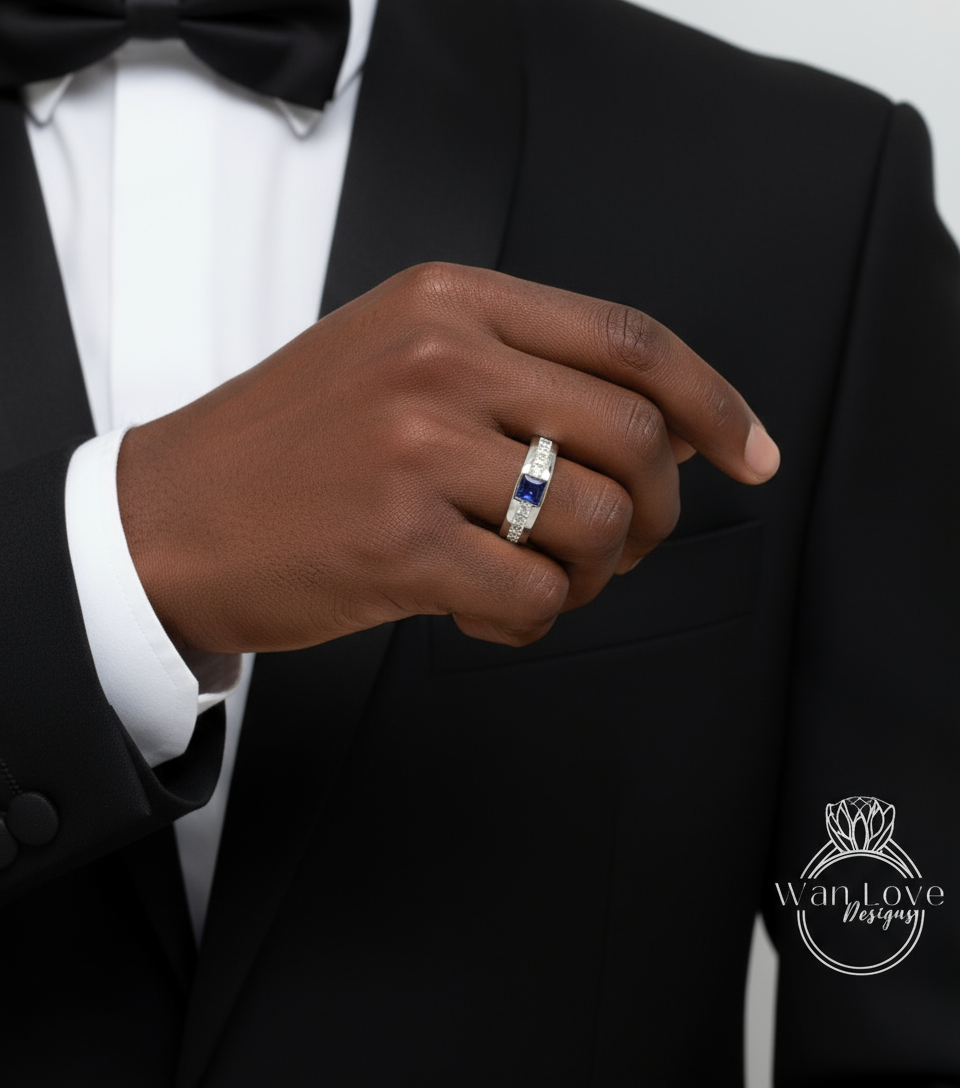 Men's Blue Sapphire Wedding Princess Cut Mens Wedding Band, Solid Gold 10/14k/18k Wedding Ring, Moissanite Wedding Ring, His Wedding Band