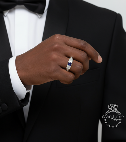 Men's Blue Sapphire Wedding Princess Cut Mens Wedding Band, Solid Gold 10/14k/18k Wedding Ring, Moissanite Wedding Ring, His Wedding Band