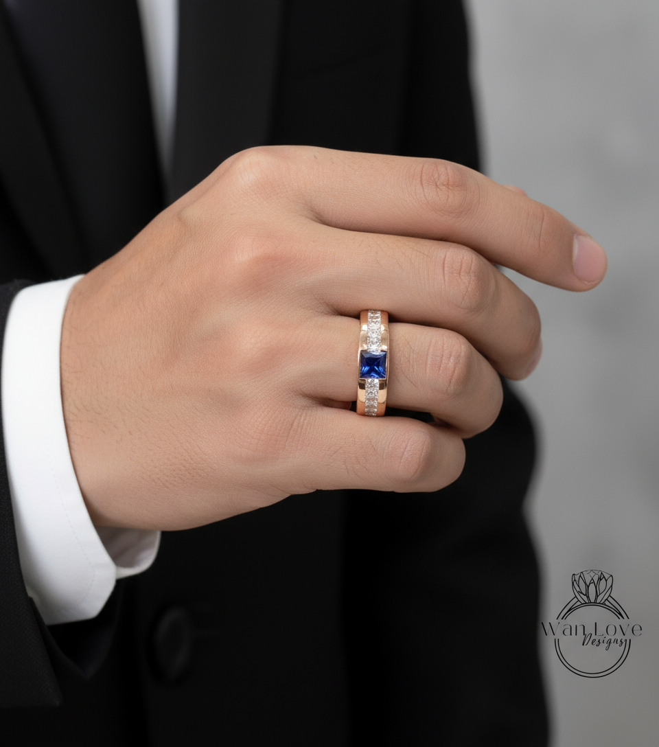 Men's Blue Sapphire Wedding Princess Cut Mens Wedding Band, Solid Gold 10/14k/18k Wedding Ring, Moissanite Wedding Ring, His Wedding Band