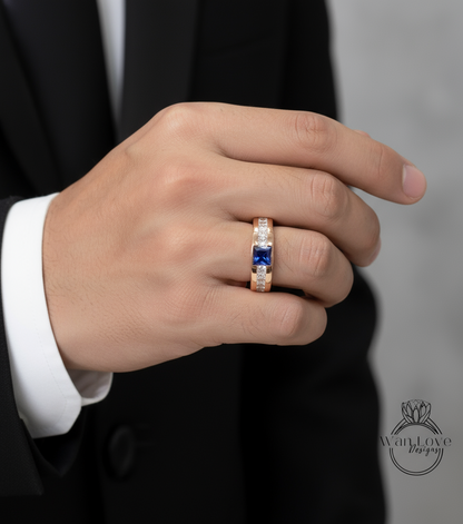 Men's Blue Sapphire Wedding Princess Cut Mens Wedding Band, Solid Gold 10/14k/18k Wedding Ring, Moissanite Wedding Ring, His Wedding Band