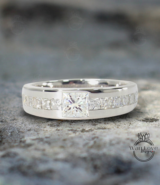 Mens Diamond Ring | Mens Engagement Ring | Mens Princess Cut Moissanite Diamond | White Gold Birthstone Wedding Ring | Mens Rose Gold Ring