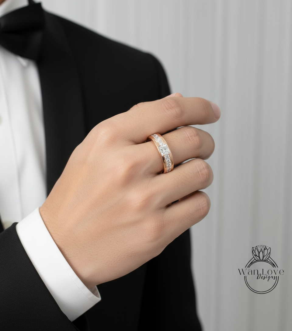 Mens Diamond Ring | Mens Engagement Ring | Mens Princess Cut Moissanite Diamond | White Gold Birthstone Wedding Ring | Mens Rose Gold Ring