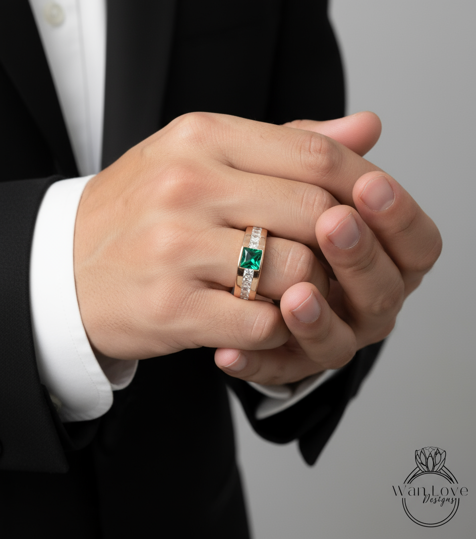 Mens Emerald Diamond Wedding Band | Princess Cut Green Emerald Band | Solid Gold Mens Ring | Mens Princess Cut Green Emerald Birthstone Ring