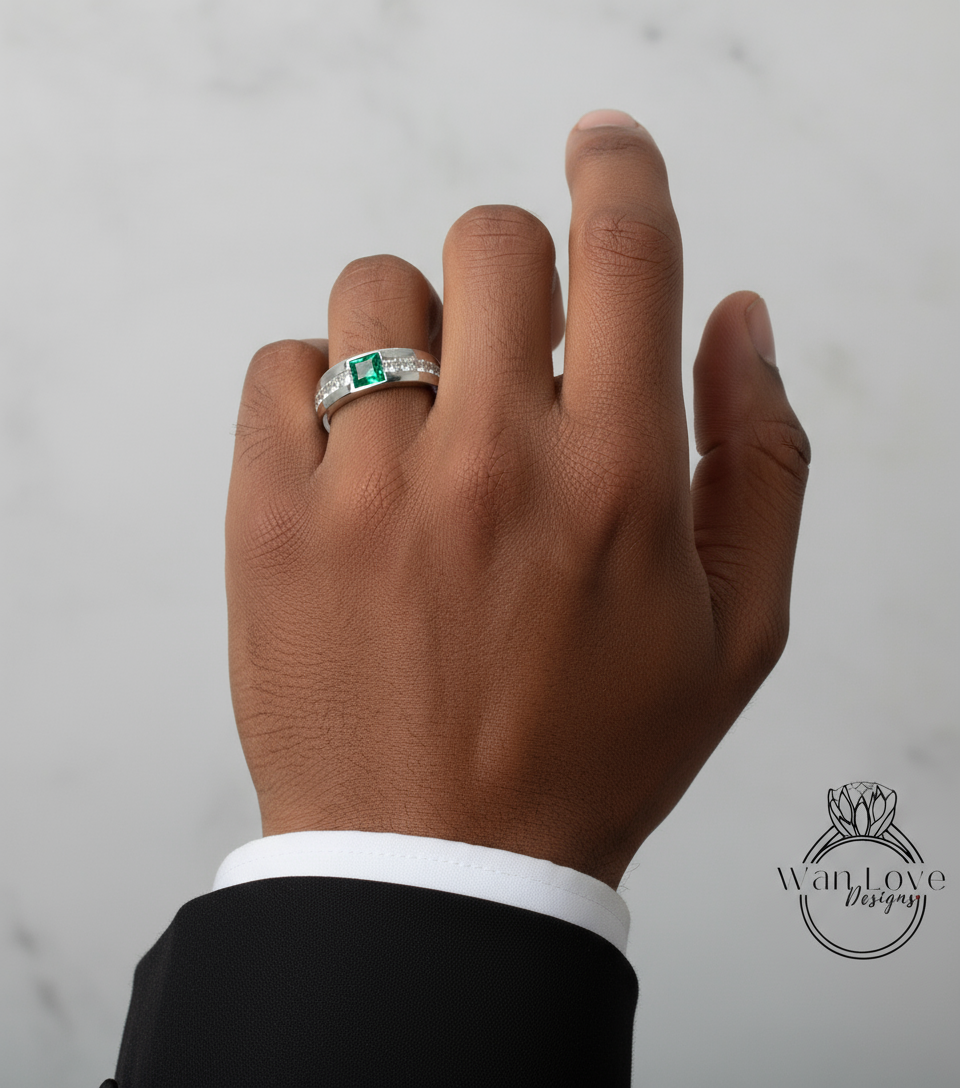 Mens Emerald Diamond Wedding Band | Princess Cut Green Emerald Band | Solid Gold Mens Ring | Mens Princess Cut Green Emerald Birthstone Ring