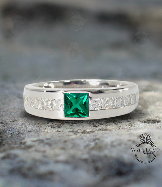 Mens Emerald Diamond Wedding Band | Princess Cut Green Emerald Band | Solid Gold Mens Ring | Mens Princess Cut Green Emerald Birthstone Ring
