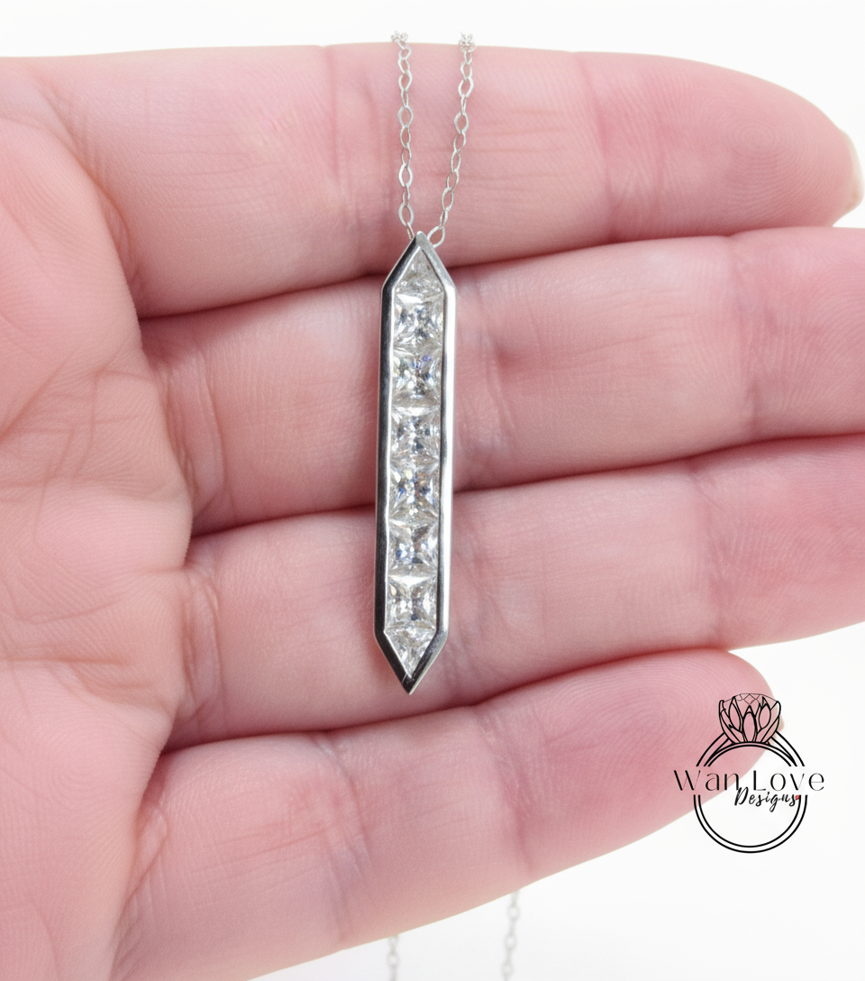 East West 2 vie orizzontale o verticale Princess Trillion Moissanite bianco rosa blu zaffiro rubino smeraldo collana con 8 gemme fascino personalizzato