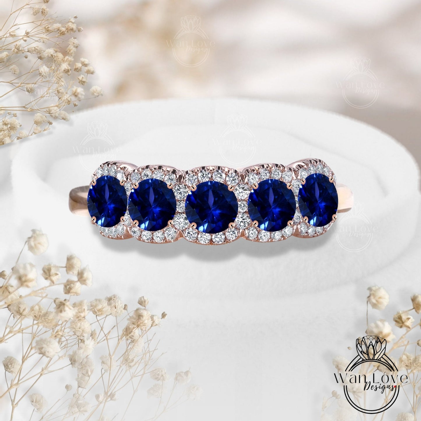 5 gemstone Blue Sapphire Diamond Halo Wedding Band 14k Rose Gold ring Moissanite Lab Diamond halo 5 gem Stone Birthstone Anniversary Ring Wan Love Designs