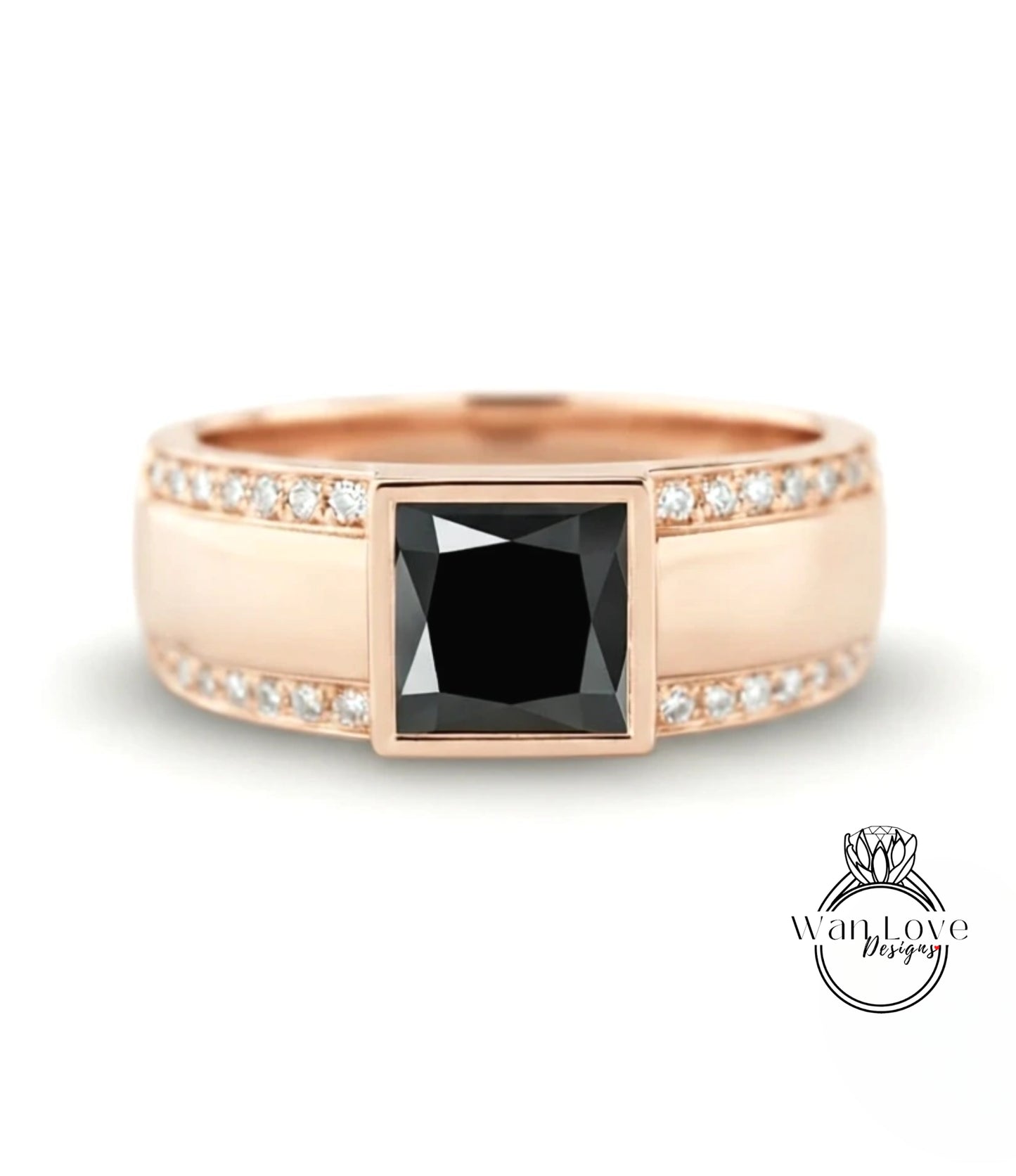 A rose gold ring with a large black diamond as the centerpiece, surrounded by smaller diamonds.