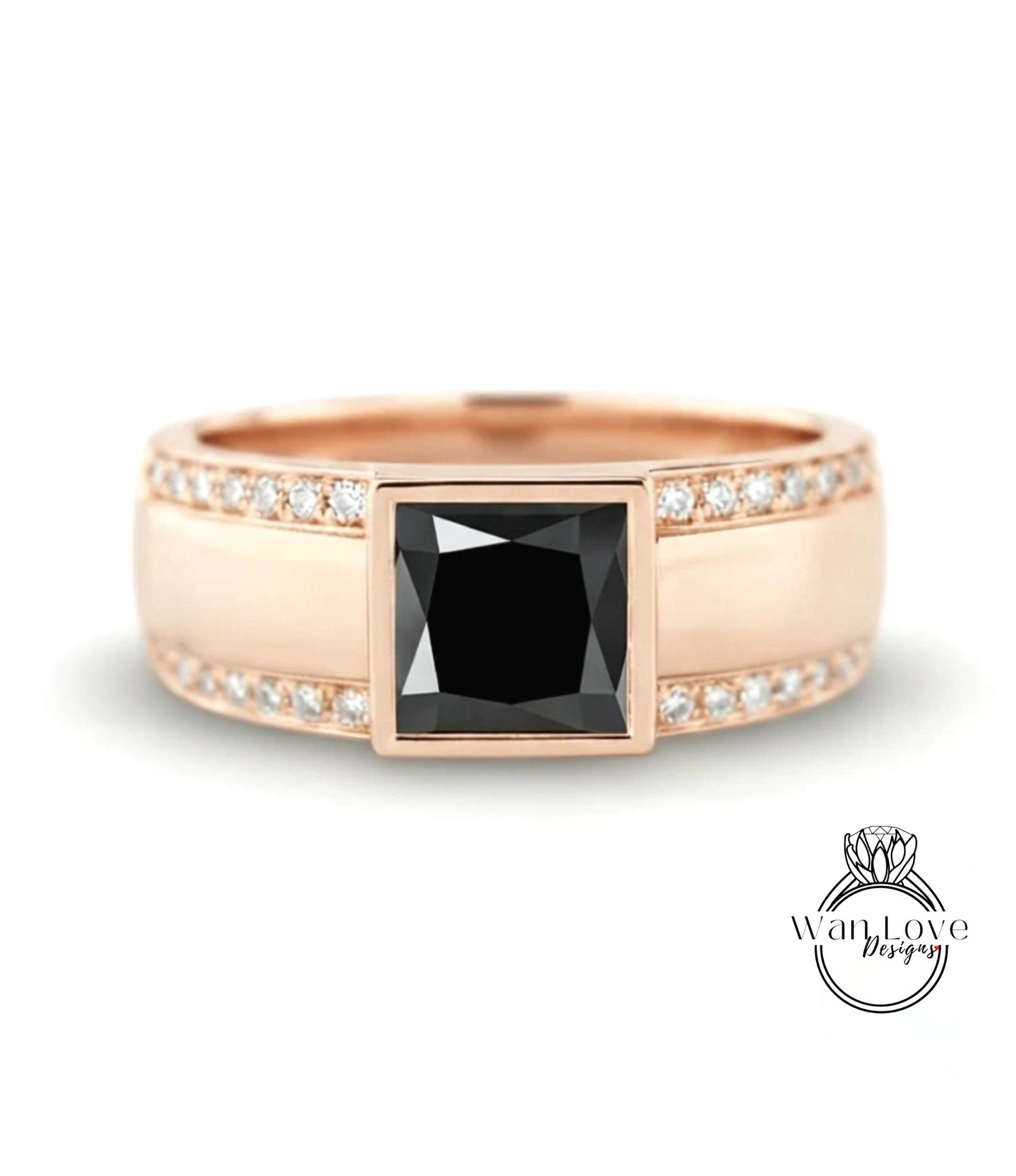 A rose gold ring with a large black diamond as the centerpiece, surrounded by smaller diamonds.