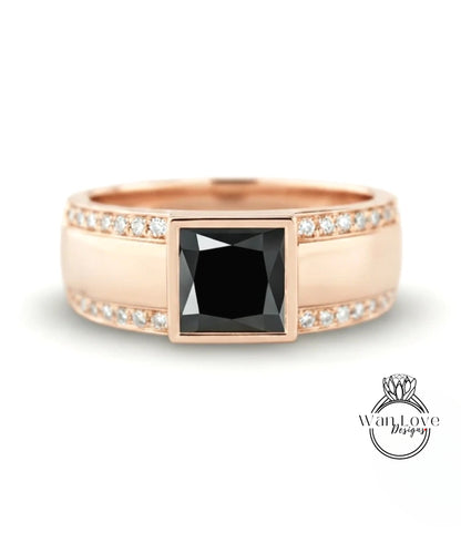 A rose gold ring with a large black diamond as the centerpiece, surrounded by smaller diamonds.