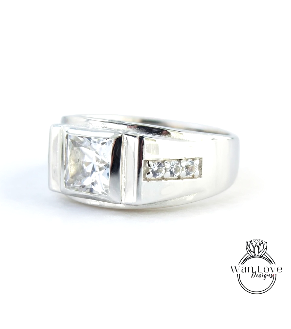 White Sapphire Mens Princess Wedding Band Jewelry Engagement Ring 2.5ct Round mans wedding commitment ring gents Promise Ring Ready to Ship