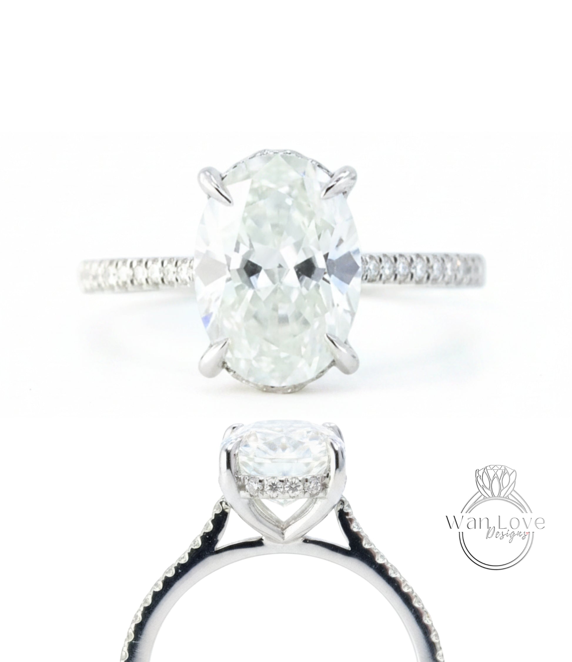 A close-up view of a diamond engagement ring with a large oval-shaped diamond set in a halo of smaller diamonds, surrounded by a band of smaller diamonds.