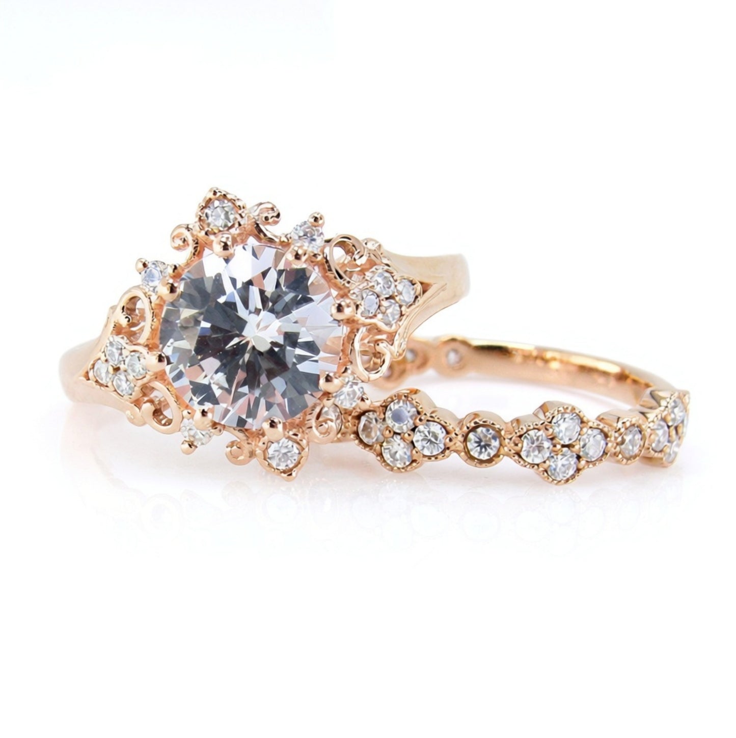 White Sapphire Moissanite Engagement Ring Floral Quatrefoil Ornate Round Wedding Band Set 2ct-8mm-Rose gold-Custom-Gift-Ready to Ship
