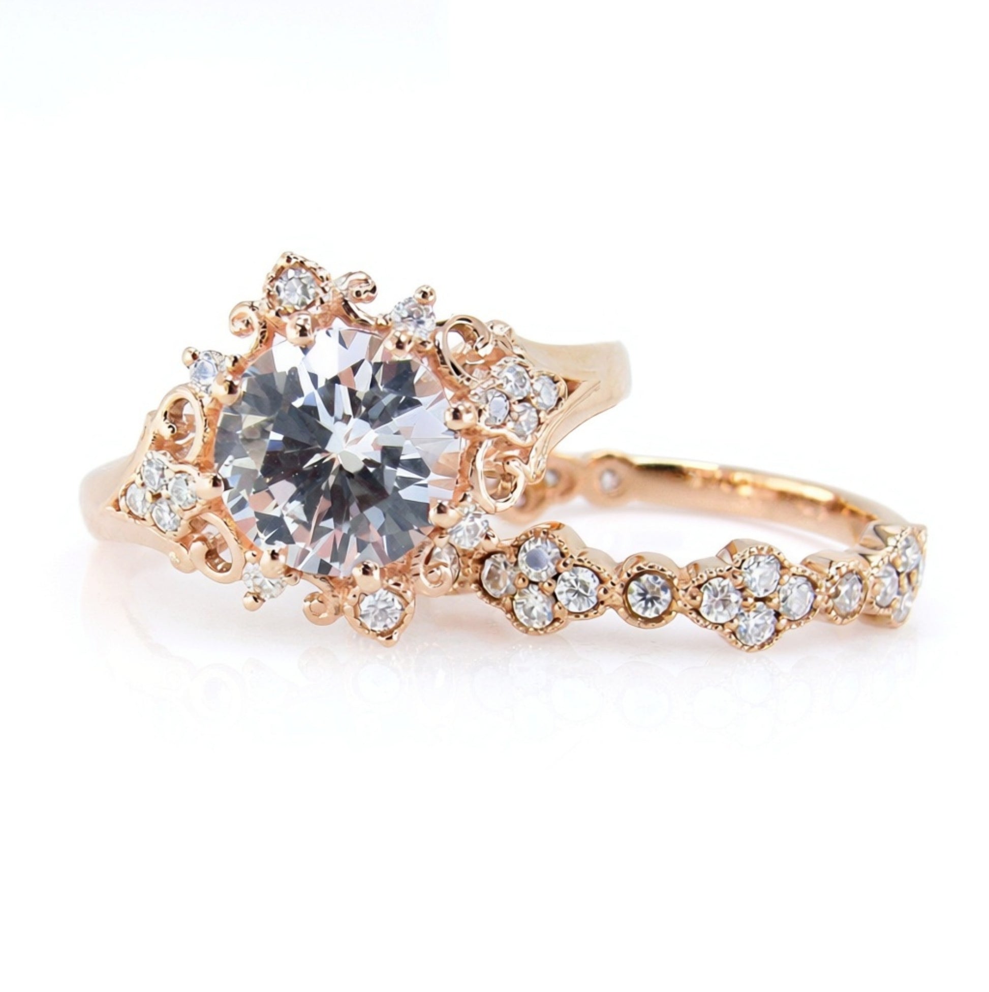 White Sapphire Moissanite Engagement Ring Floral Quatrefoil Ornate Round Wedding Band Set 2ct-8mm-Rose gold-Custom-Gift-Ready to Ship