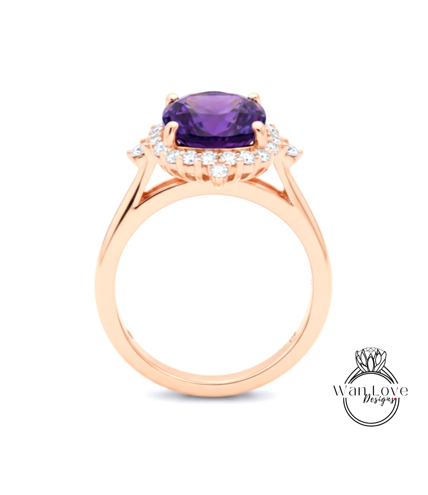 A gold ring with a large purple gemstone set in the center, surrounded by smaller diamonds.