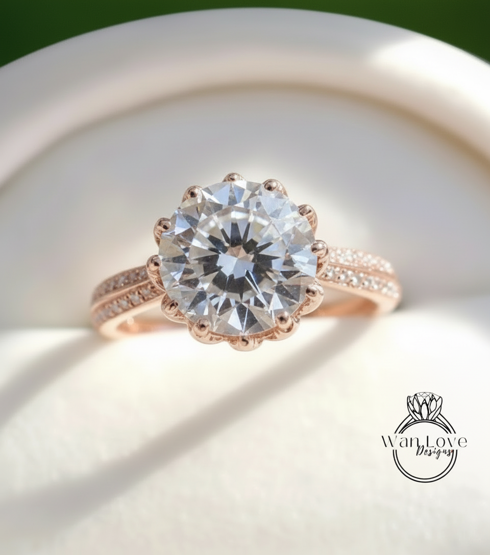 A close-up image of a beautiful diamond engagement ring with a large, round brilliant cut diamond set in a rose gold band.