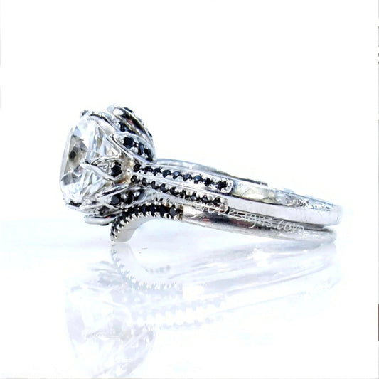 3 Carat White Sapphire Lotus engagement ring-Flower Nature inspired engagement ring-Black Spinel Lotus ring- vintage ring set-Ready to Ship