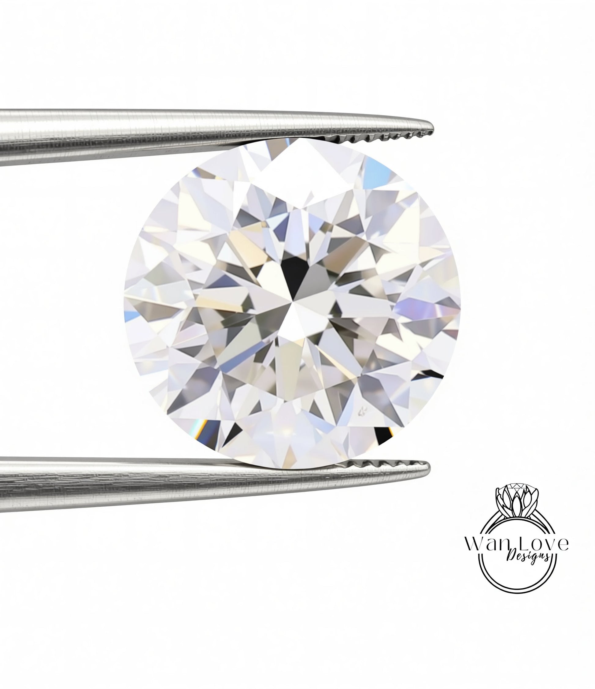 A large, clear diamond is being held between two metal tongs, showcasing its brilliant sparkle and intricate cut.