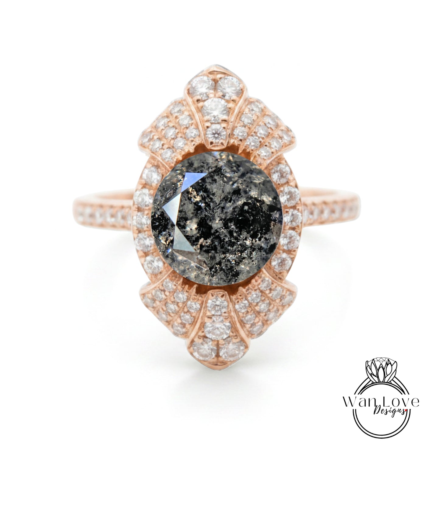 a beautiful ring with a large black diamond as the centerpiece, surrounded by numerous smaller diamonds.