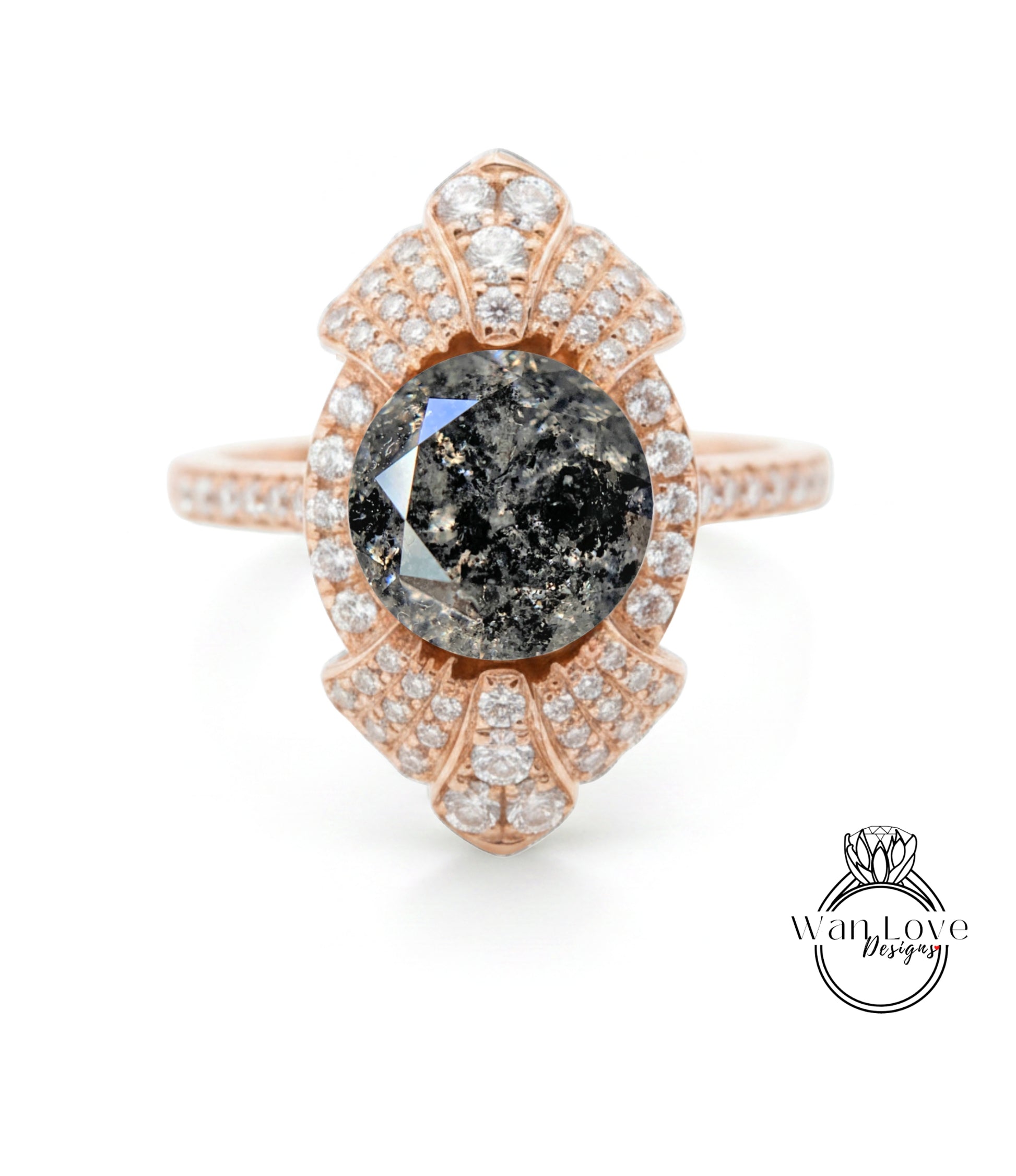 a beautiful ring with a large black diamond as the centerpiece, surrounded by numerous smaller diamonds.