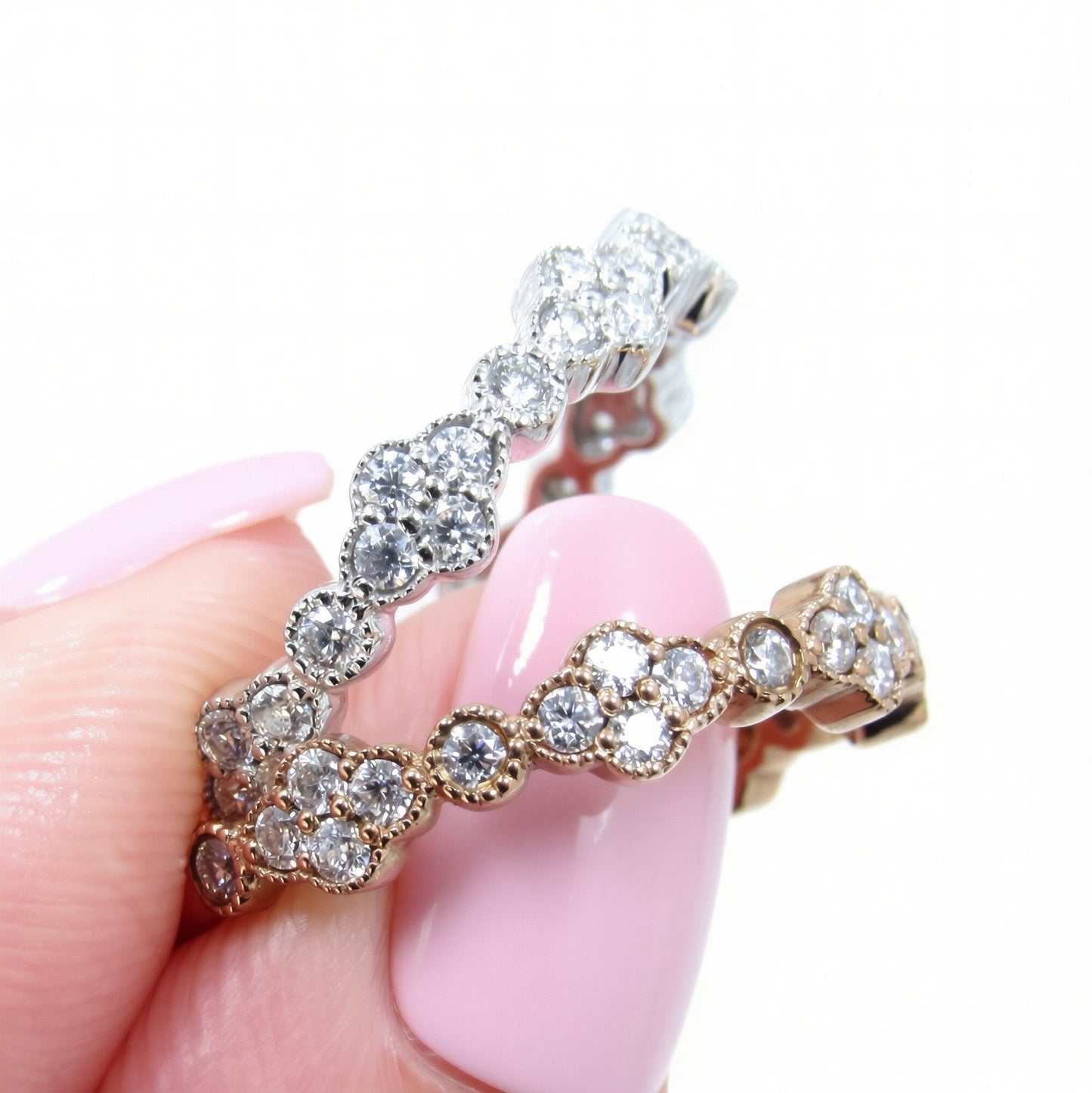 Moissanite clover wedding band rose or white gold ring moissanite bezel set ring stacking matching band Unique Bridal Anniversary ring-Ready