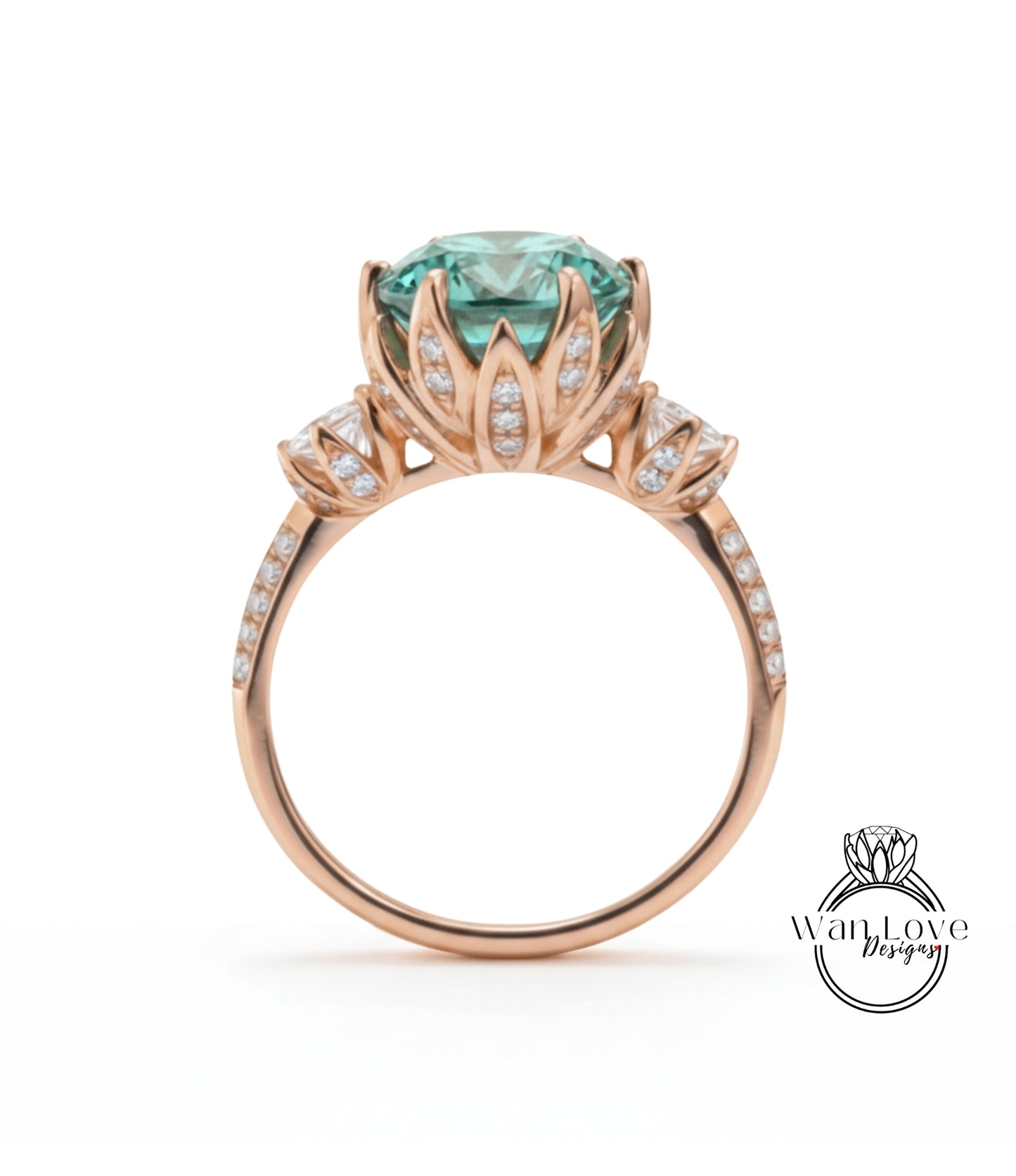 A gold ring with a large, round gemstone at the center, surrounded by smaller diamonds.