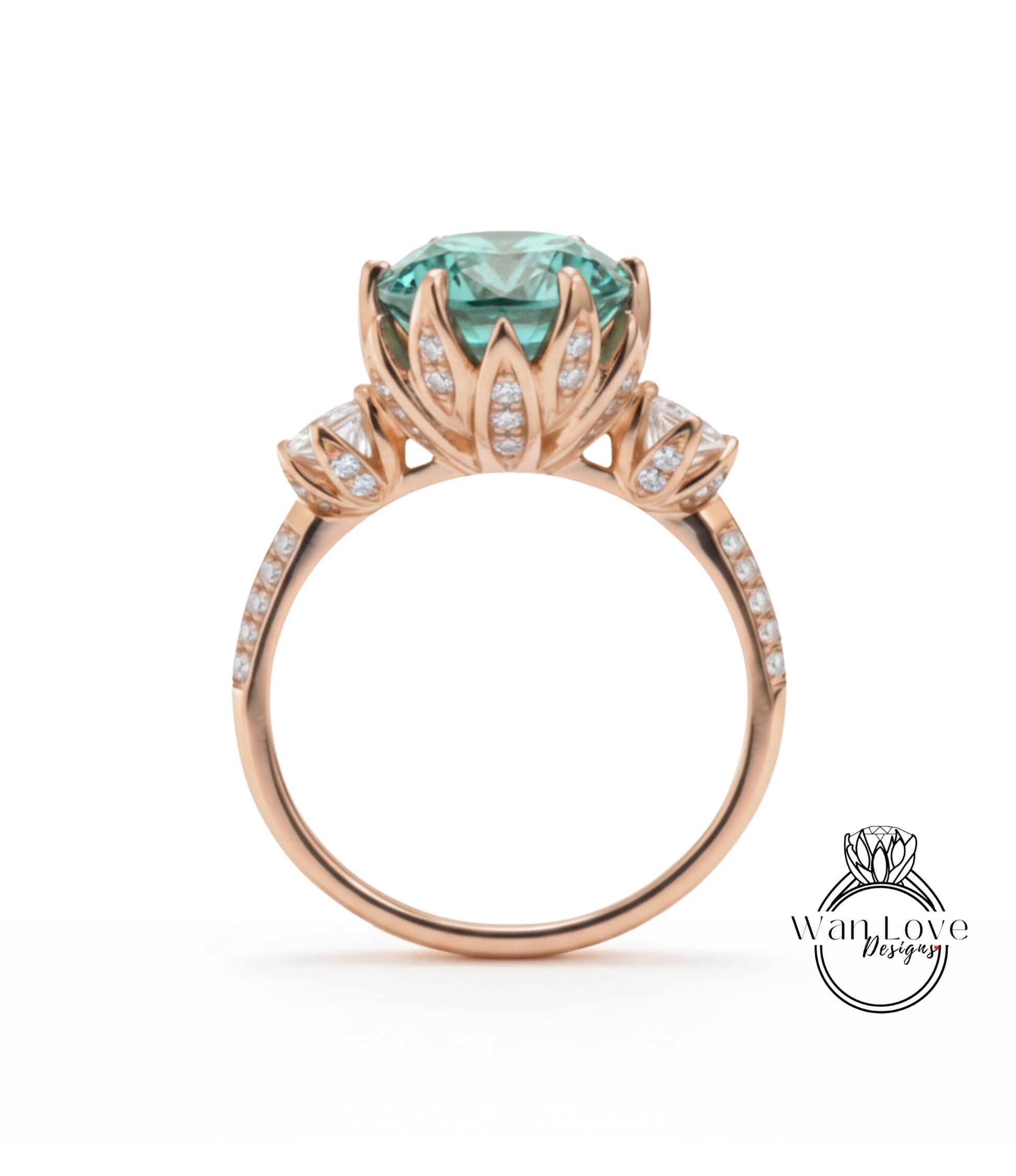 A gold ring with a large, round gemstone at the center, surrounded by smaller diamonds.