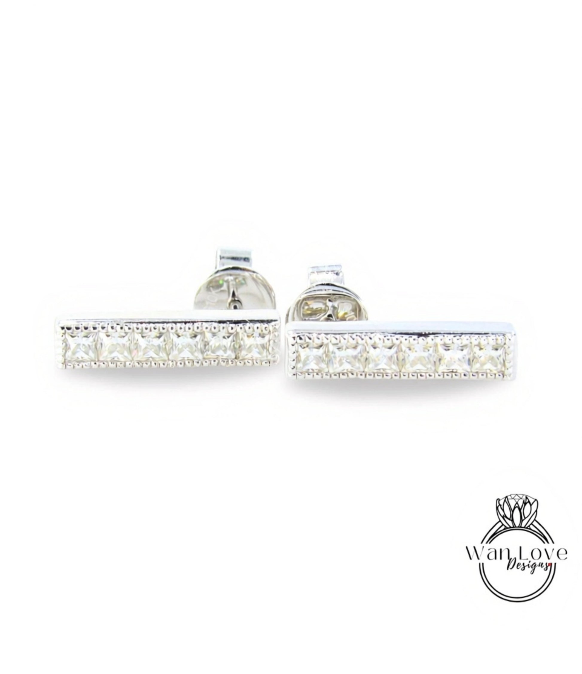 Moissanite Milgrain Bar Earrings Studs French cut moissanite earrings 6 gem stone Princess Earrings White Gold Wedding jewelry Ready to Ship Wan Love Designs