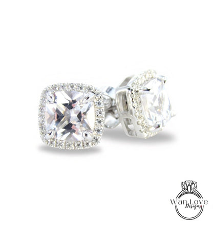 2ct White Sapphire cushion Halo Stud Earrings vintage wedding jewelry white gold art deco earrings wedding anniversary gift-Ready to Ship Wan Love Designs