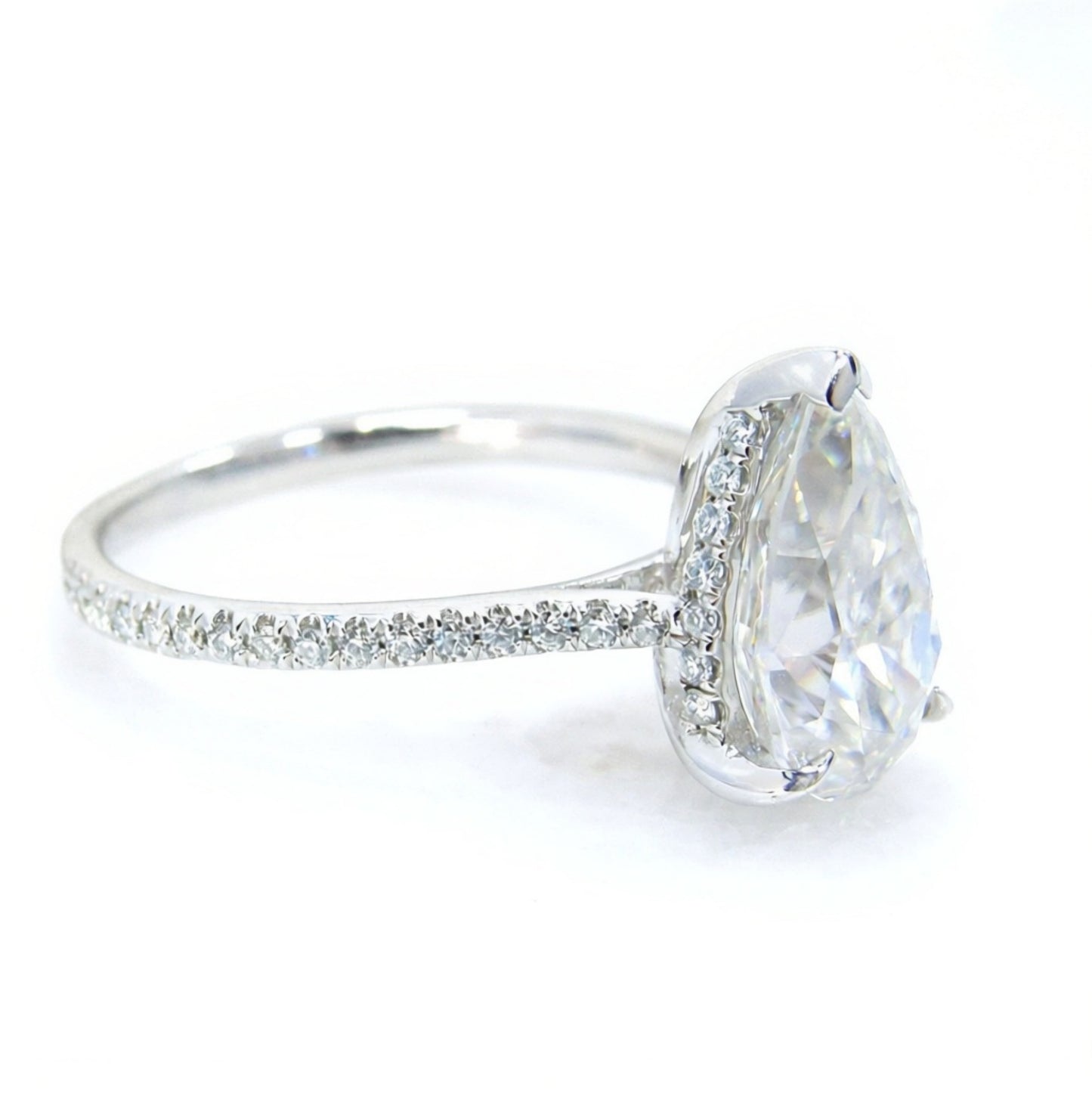 Ready to ship 3ct Moissanite Hidden Side Halo Pear Engagement Ring 14k White Gold, Almost Eternity 3/4 Band Shank, WanLoveDesigns Wan Love Designs