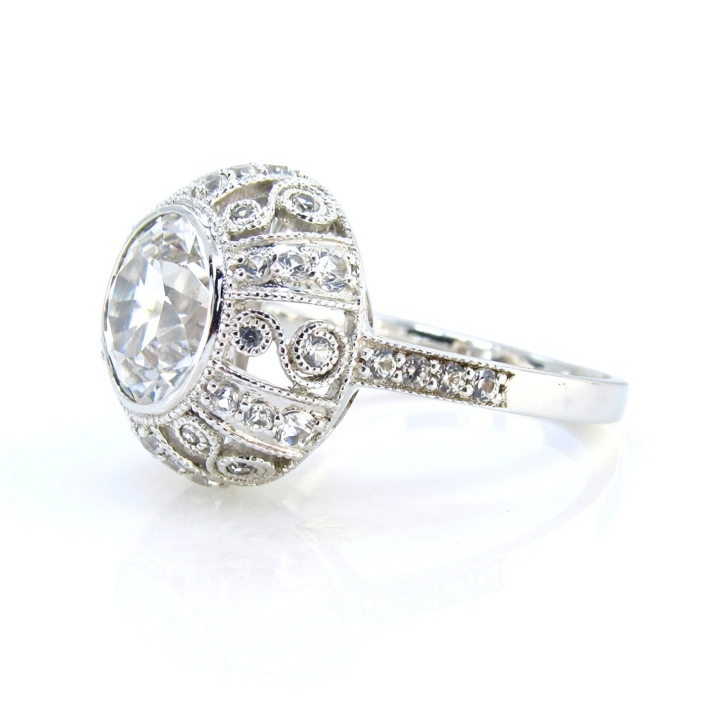 White Sapphire Antique Bezel Filigree Engagement Ring, Milgrain Detail, Scrolls, 2ct, 8mm, Silver Rhodium, Anniversary gift, Ready to ship