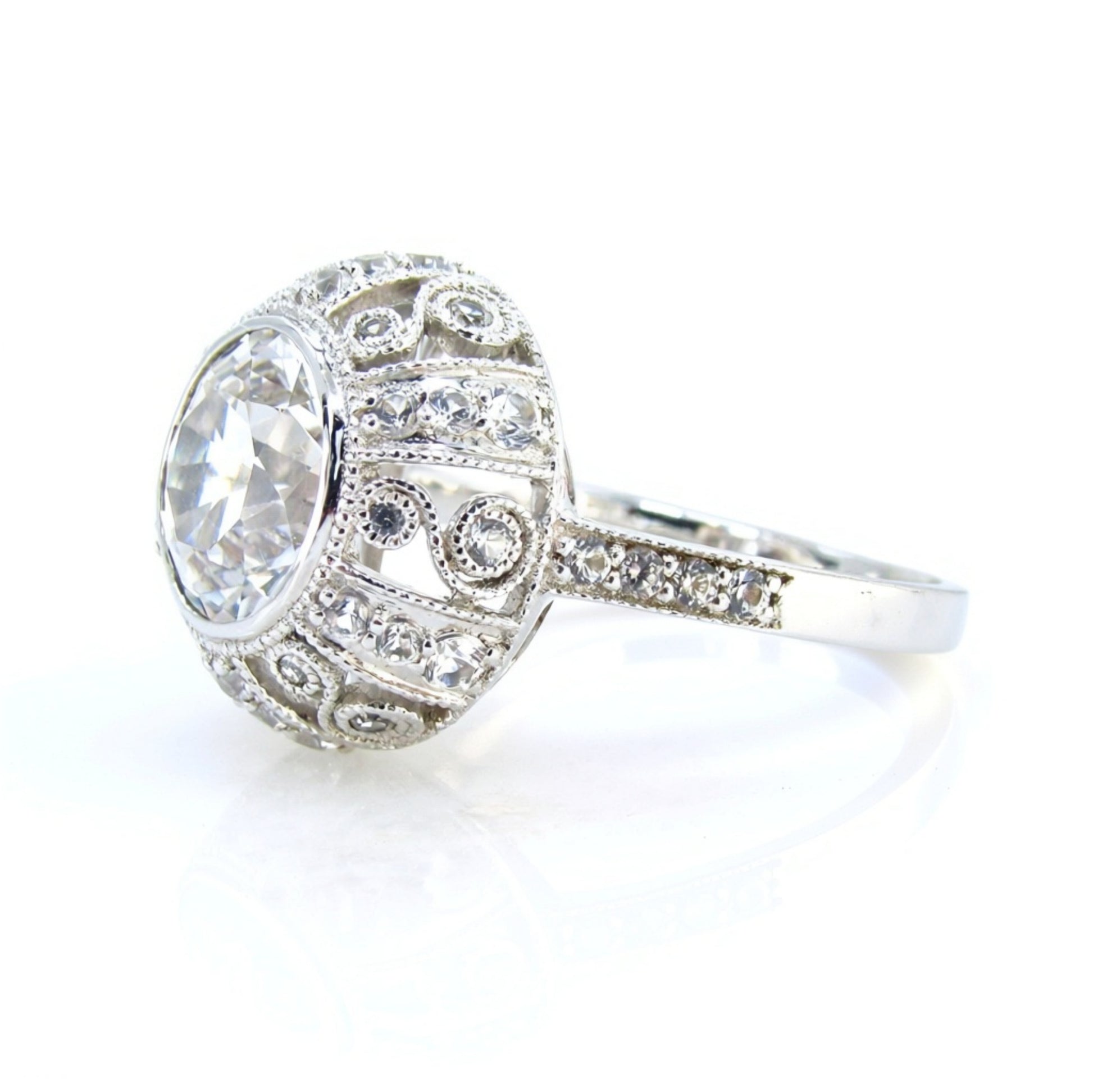 White Sapphire Antique Bezel Filigree Engagement Ring, Milgrain Detail, Scrolls, 2ct, 8mm, Silver Rhodium, Anniversary gift, Ready to ship