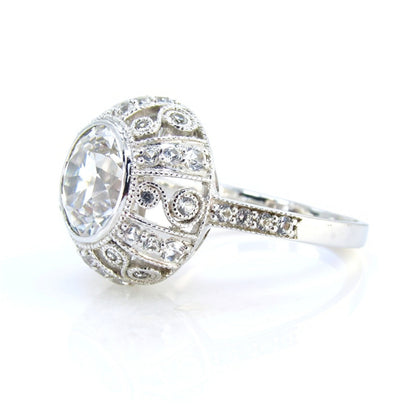 White Sapphire Antique Bezel Filigree Engagement Ring, Milgrain Detail, Scrolls, 2ct, 8mm, Silver Rhodium, Anniversary gift, Ready to ship