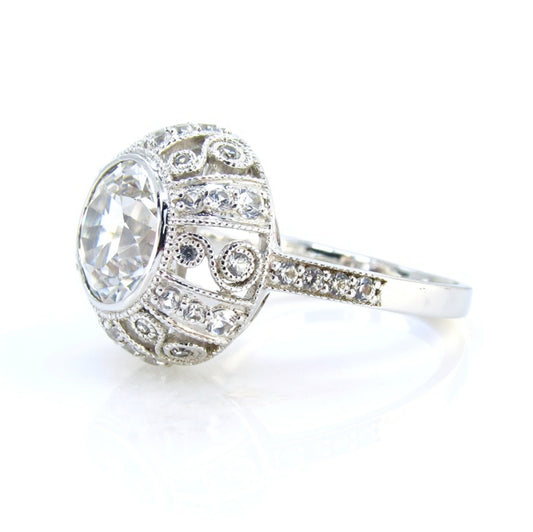 White Sapphire Antique Bezel Filigree Engagement Ring, Milgrain Detail, Scrolls, 2ct, 8mm, Silver Rhodium, Anniversary gift, Ready to ship