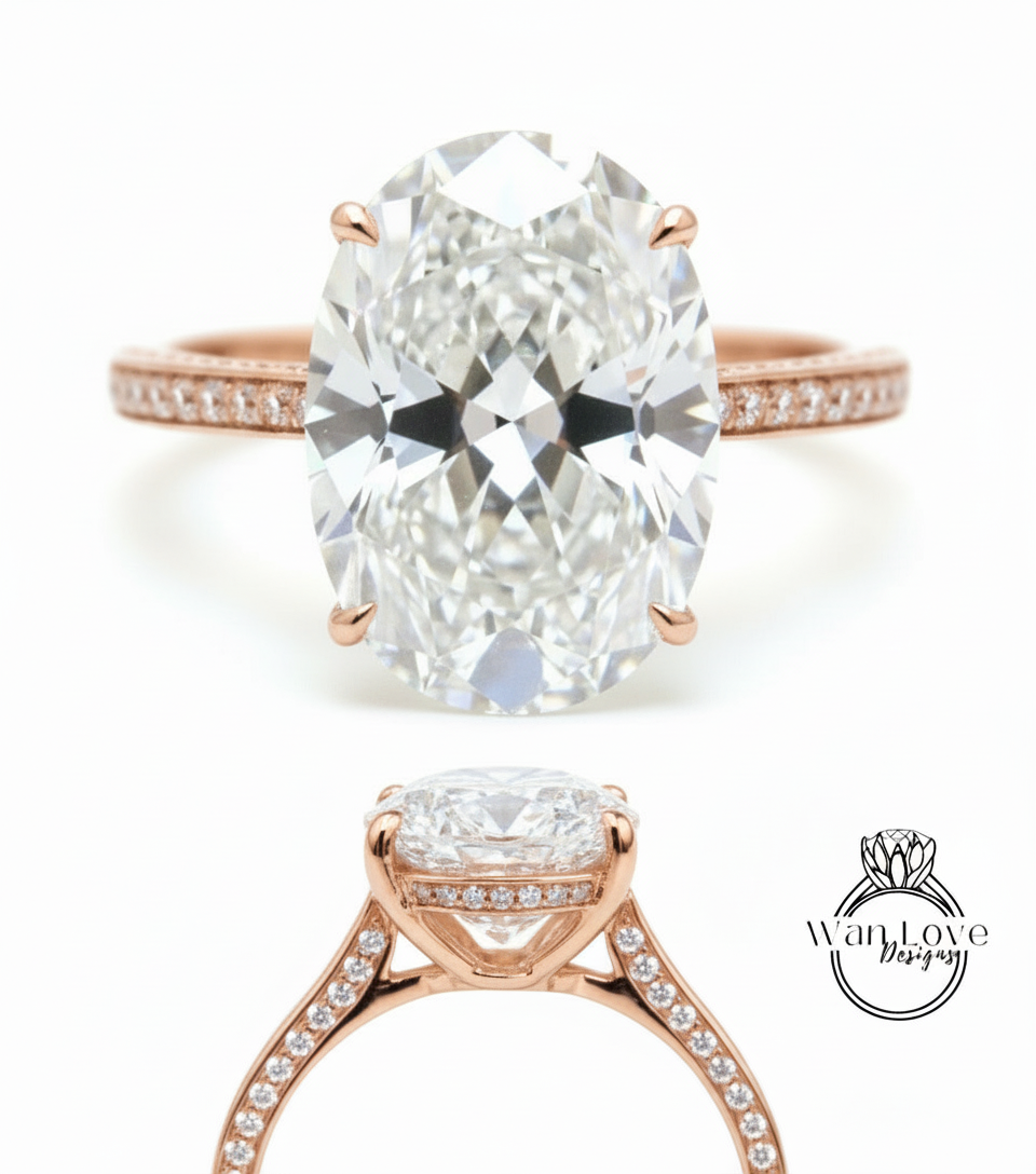 Diamond Oval side halo 3 sided Almost eternity shank band Engagement Ring 14k/18k Rose White Gold, Celebrity Elongated Oval Bridal wedding Ring, Anniversary Gift