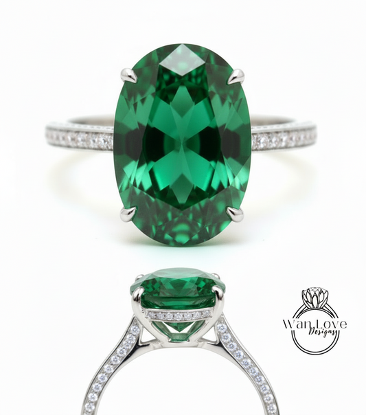 Emerald & Diamond Oval side halo 3 sided Almost eternity shank band Engagement Ring 14k/18k Rose White Gold, Celebrity Elongated Oval Bridal wedding Ring, Anniversary Gift