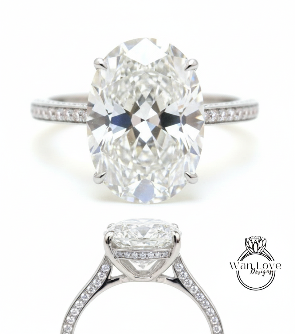 Diamond Oval side halo 3 sided Almost eternity shank band Engagement Ring 14k/18k Rose White Gold, Celebrity Elongated Oval Bridal wedding Ring, Anniversary Gift