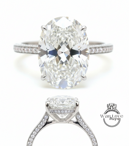 Diamond Oval side halo 3 sided Almost eternity shank band Engagement Ring 14k/18k Rose White Gold, Celebrity Elongated Oval Bridal wedding Ring, Anniversary Gift