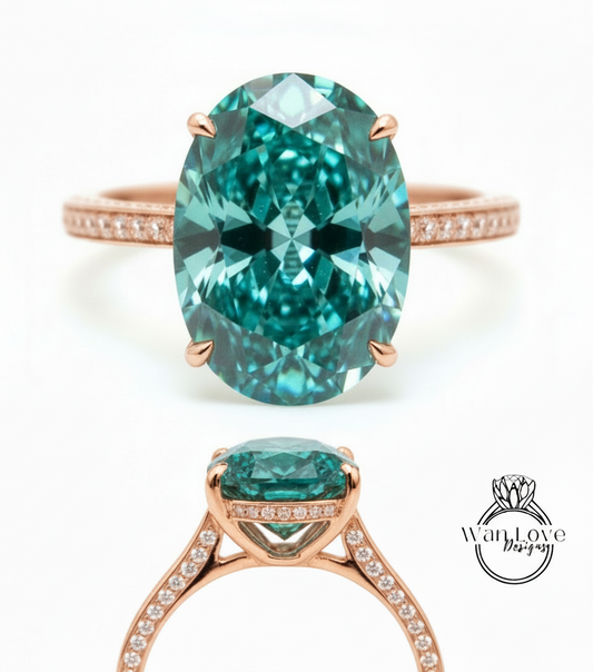 Teal Blue Green Moissanite & Diamond Oval side halo 3 sided Almost eternity shank band Engagement Ring 14k/18k Rose White Gold, Celebrity Elongated Oval Bridal wedding Ring, Anniversary Gift
