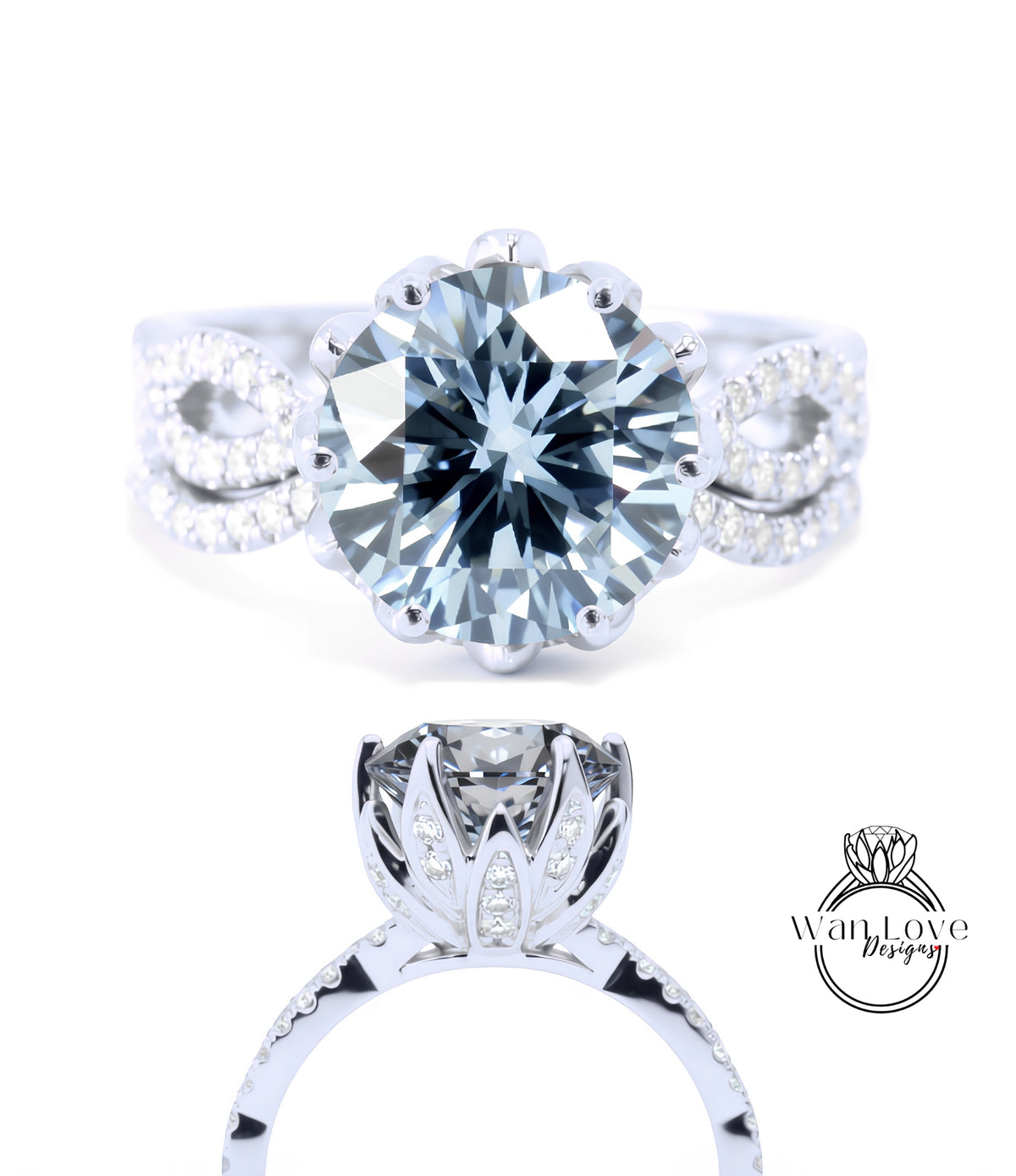 A stunning diamond engagement ring with a large, brilliant blue center stone surrounded by smaller diamonds set in a silver band.
